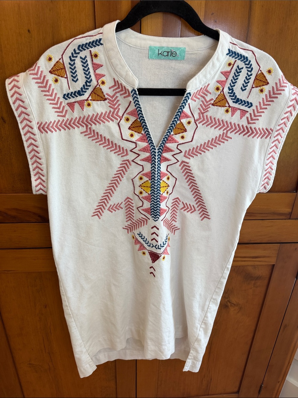 Karlie White Tunic with Embroidered Pastel Aztec Design